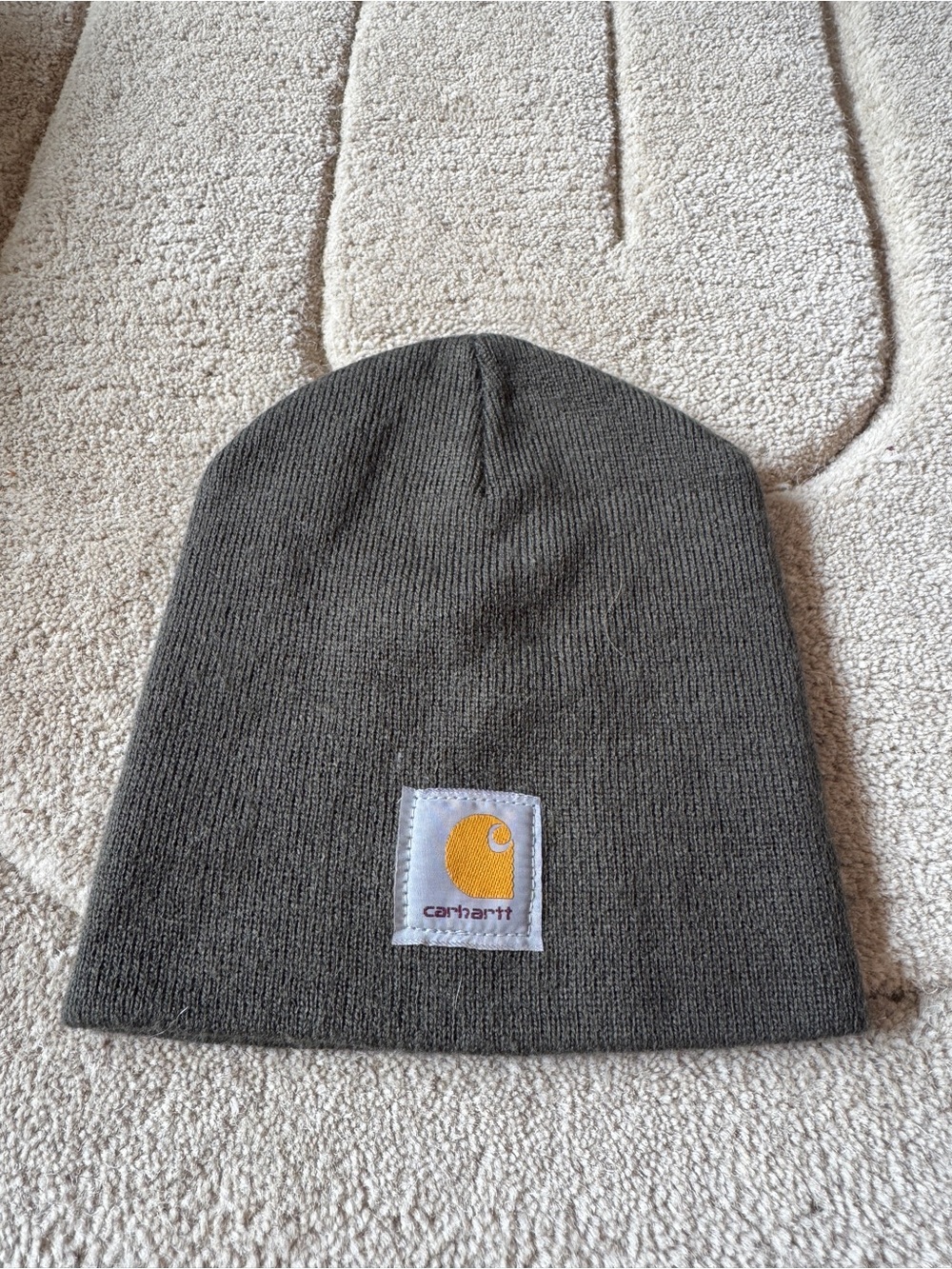 Carhartt Dark Olive Rib Knit Beanie with Gold Logo Patch